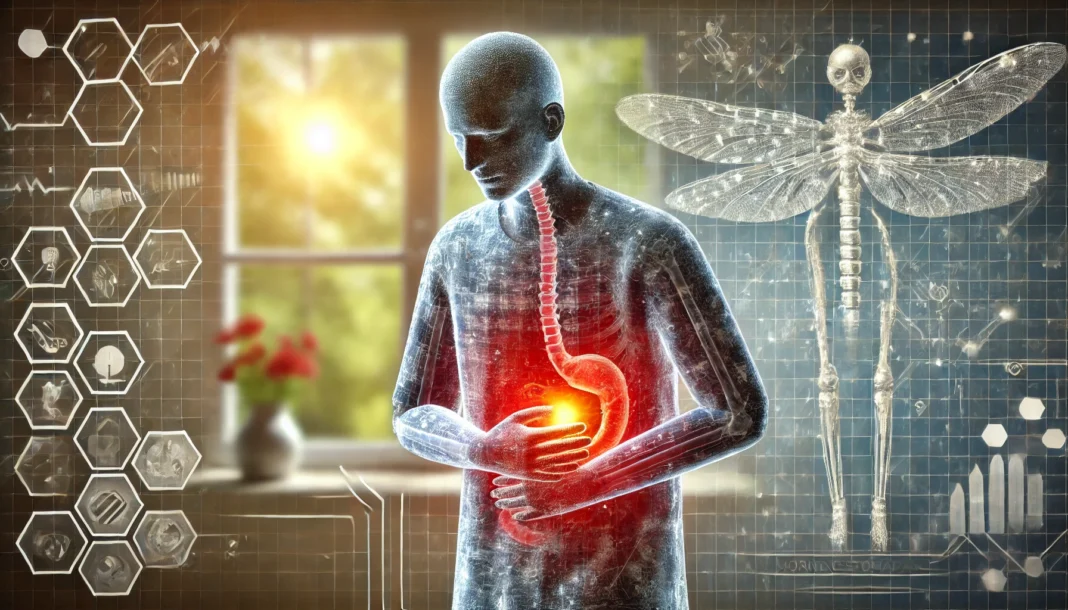 A conceptual medical illustration of a semi-transparent human figure clutching their abdomen, with a glowing red area highlighting stomach pain. The background suggests an early morning setting with soft sunlight filtering through a bedroom window, emphasizing the theme of morning digestive discomfort.