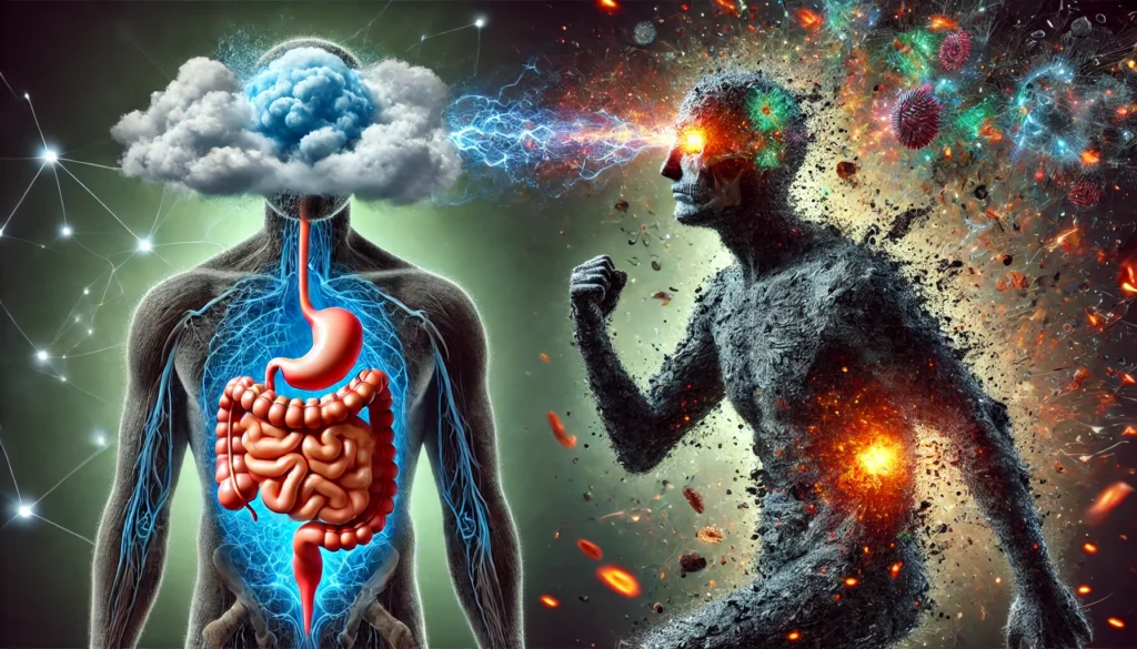 A surreal illustration depicting the effects of leaky gut syndrome on mental health. The image shows a person with a fragmented, foggy brain representing brain fog and anxiety, while inflamed intestines leak toxins into the bloodstream. A stark contrast between a healthy gut-brain connection and a disrupted one is highlighted using glowing energy paths and dark chaotic elements symbolizing inflammation and distress.