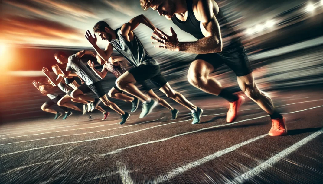 A group of athletes sprinting on a professional track during an intense speed workout. The image captures their explosive power and determination, with motion blur emphasizing their acceleration.