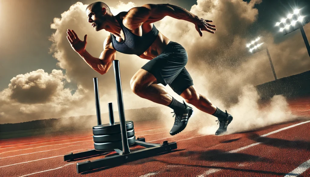 A sprinter doing explosive sled sprints on a track, showcasing strength and power development. The weighted sled creates resistance, emphasizing speed and muscle engagement.