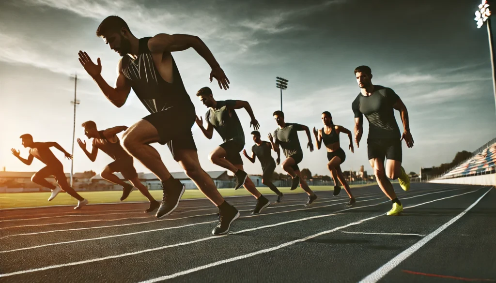 A group of athletes performing interval training on a track, alternating between sprinting and jogging. The image captures intense effort and endurance-building strategies, with a clear sky and track lanes in the background.