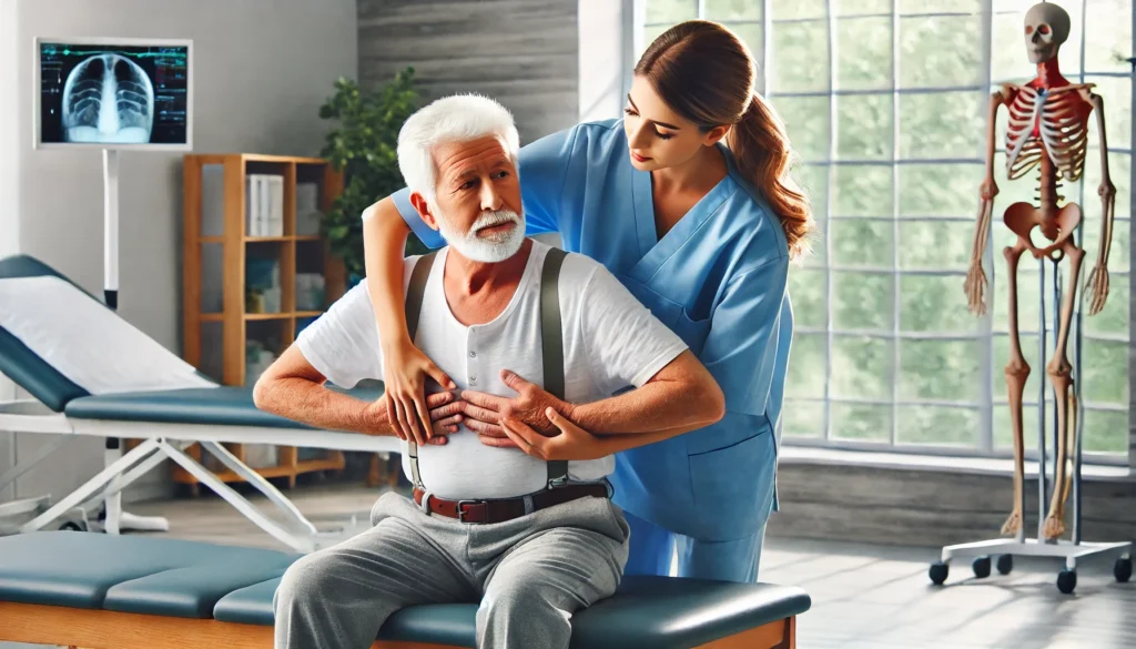A professional and compassionate caregiver assisting an elderly man in a well-equipped medical facility. The caregiver is helping him with physical therapy exercises, demonstrating attentiveness and support. The setting is bright and modern, emphasizing high-quality healthcare and rehabilitation.