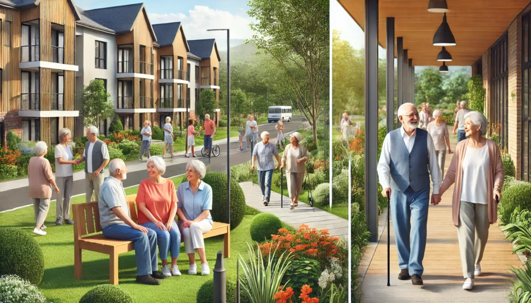 A modern senior living community with beautifully landscaped gardens, walking paths, and happy elderly residents enjoying outdoor activities. Some seniors are strolling on a path, while others sit on park benches, engaging in friendly conversations in a safe and peaceful environment.