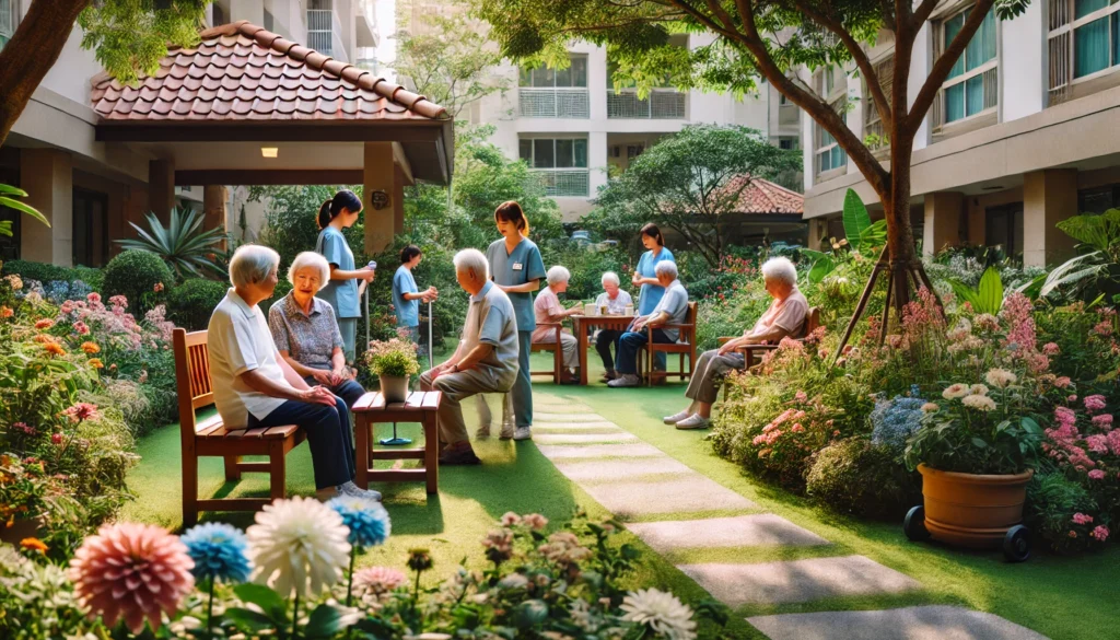 A peaceful outdoor garden in an elderly care facility where seniors are enjoying a relaxing afternoon. Some are sitting on benches surrounded by flowers, while others are engaging in light exercises or friendly conversations with caregivers. The atmosphere is serene and welcoming.