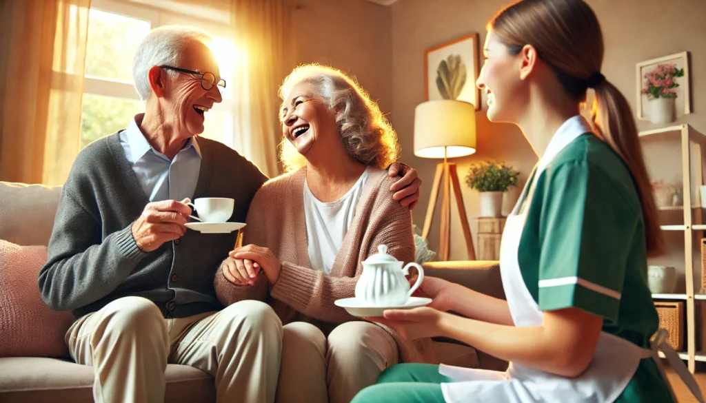 An elderly couple sitting together in a cozy living room, sharing a moment of laughter while a caregiver brings them a cup of tea. The environment is warm and inviting, with soft lighting and comfortable furniture, emphasizing companionship and quality elder care.