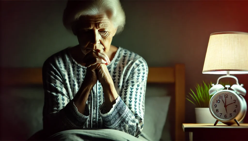 An elderly woman sitting on the edge of her bed at night, her hands clasped together as she stares downward with a worried expression. The dim bedside lamp casts a soft glow, highlighting the lines on her face. The scene conveys insomnia and nighttime anxiety, emphasizing the emotional challenges of aging and the loneliness that can accompany it.