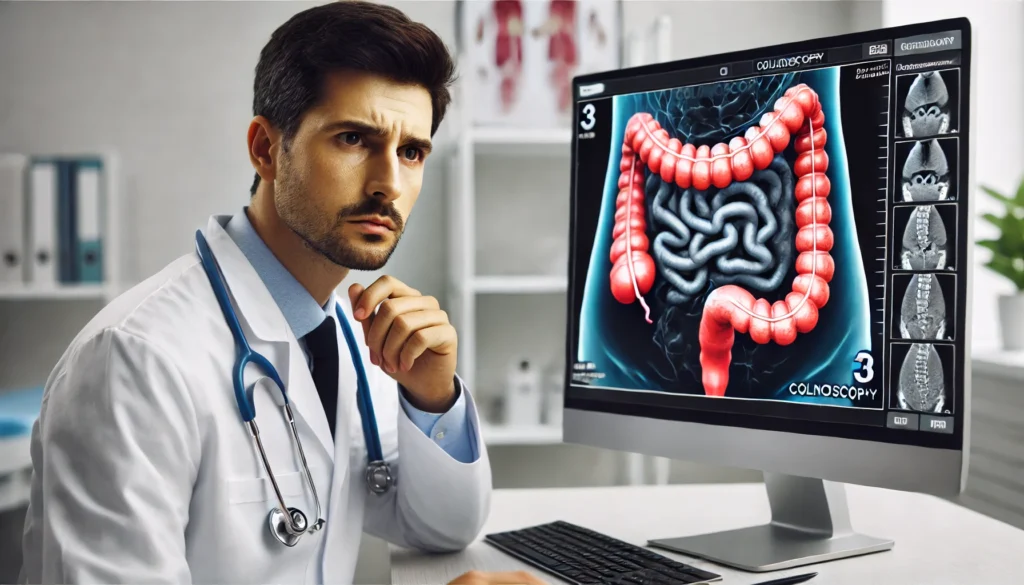 A doctor in a clinical setting reviewing a colonoscopy scan on a computer screen, analyzing potential signs of colon issues.