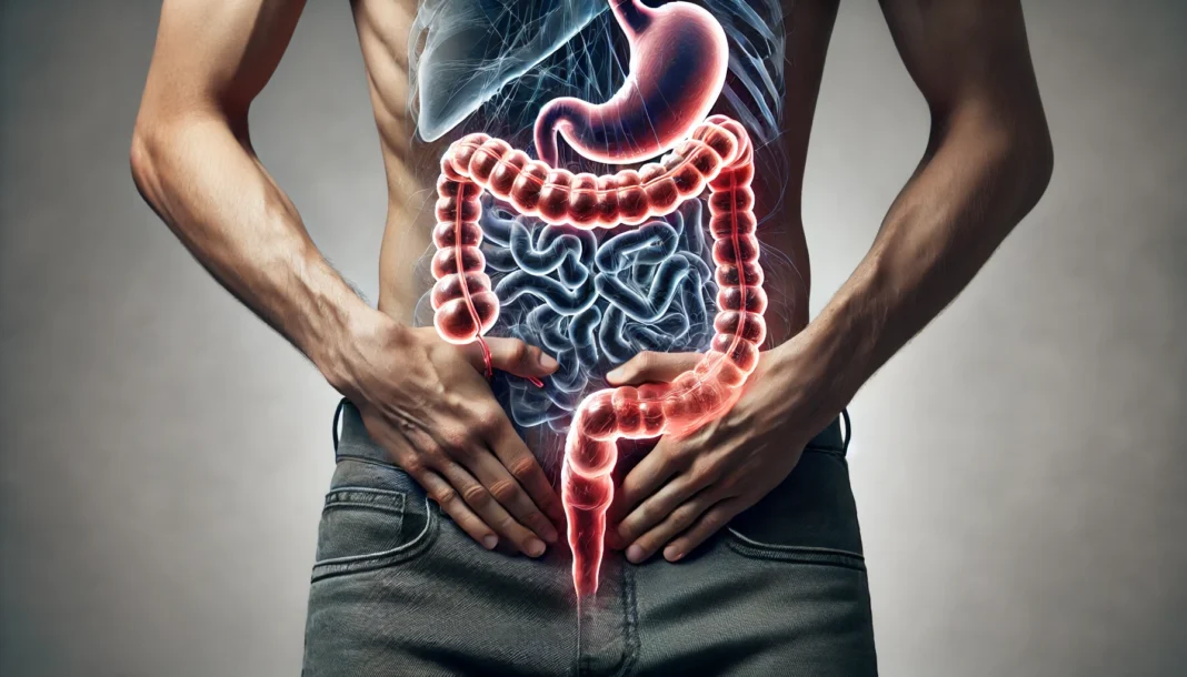 A medical illustration of the human digestive system, with the colon highlighted in red to indicate inflammation and potential colon issues.