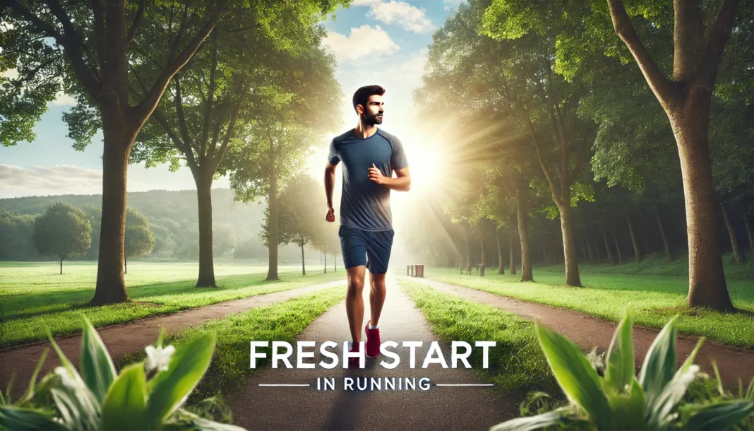 A beginner runner jogging on a scenic park trail, looking motivated and focused. The image emphasizes a fresh start in running, with lush greenery and a sunrise in the background, symbolizing new beginnings.