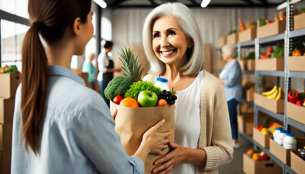 An elderly woman with silver hair receives a fresh grocery bag filled with vegetables, fruits, and dairy products from a volunteer at a food pantry inside a well-lit community center.