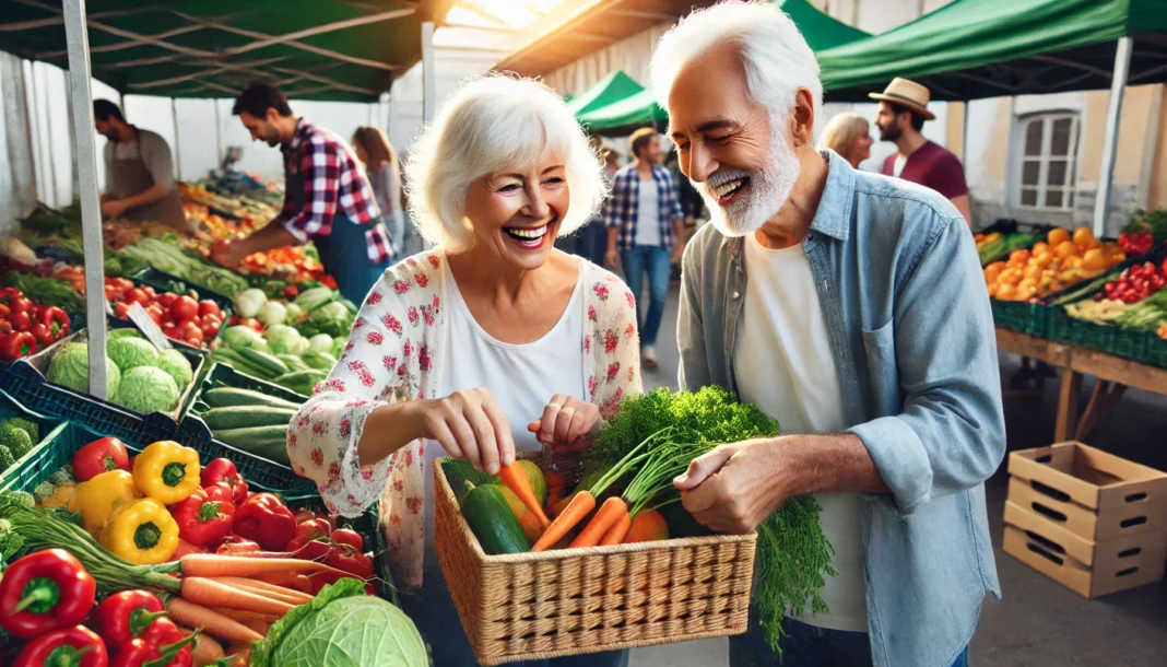 An elderly couple happily selects fresh produce at a bustling farmers’ market, placing vibrant fruits and vegetables into a basket under a sunny outdoor setting.