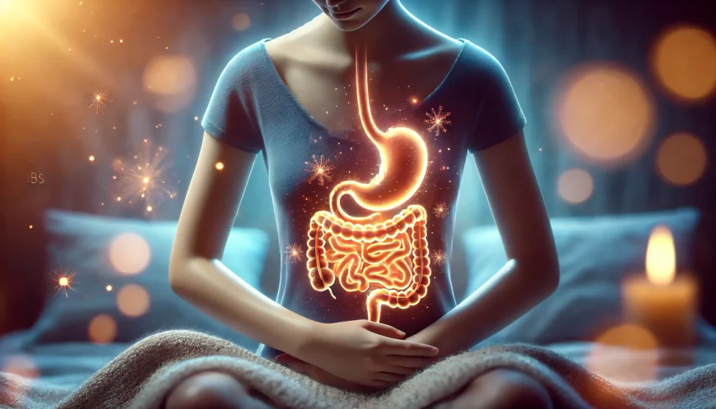A serene and calming visual depicting IBS relief, featuring a person with a glowing, balanced digestive system. Soft blue tones and warm lighting create a stress-free atmosphere, symbolizing improved gut health and reduced bloating.