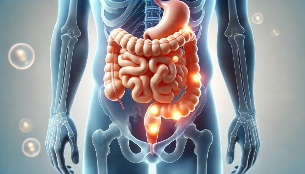 A detailed medical illustration of the human digestive system showing bloating and gas buildup in the intestines. Gas pockets and distended areas highlight discomfort caused by IBS, with a soft blue and white background for a clinical feel.