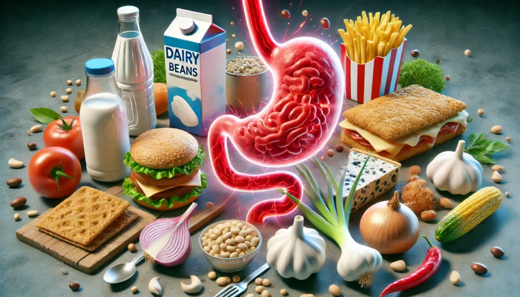 A 3D-rendered artistic depiction of common IBS trigger foods, including dairy, beans, onions, garlic, and fried foods, with a visual representation of digestive distress.