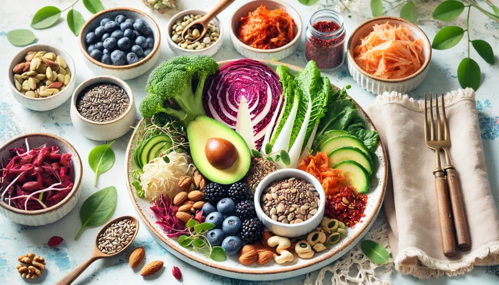 A beautifully arranged plate of gut-healing foods, featuring avocado, berries, leafy greens, nuts, seeds, and a bowl of kimchi, emphasizing fiber-rich, fermented, and healthy fat sources for optimal digestion and gut repair