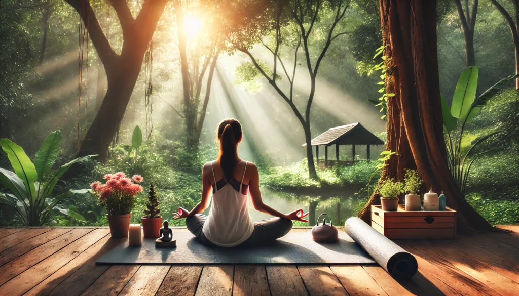 A peaceful outdoor meditation and yoga scene with a person in a lotus position on a yoga mat, surrounded by trees and sunlight, symbolizing stress reduction and mindfulness as essential elements for gut health and overall well-being.
