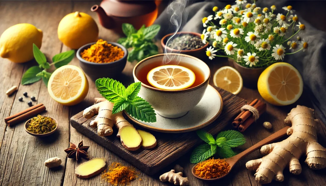 A soothing herbal tea setup with a steaming cup of ginger and chamomile tea, surrounded by fresh ingredients like turmeric, mint, and lemon. The warm, inviting atmosphere highlights the role of herbal teas in gut healing and digestion support.