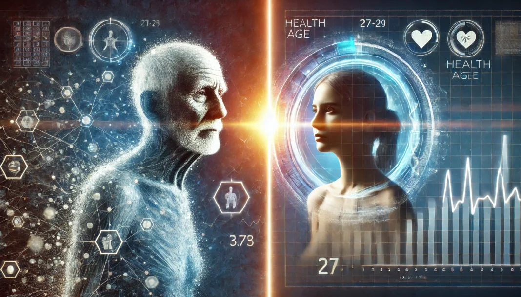 A conceptual depiction of human aging, split between a youthful and elderly individual, surrounded by floating biometric data and health analytics.