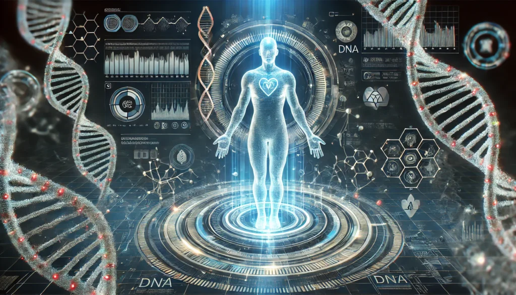 A futuristic visualization of human health and longevity, depicting a glowing digital human figure surrounded by floating biometric data, DNA strands, and neural connections. The sleek, high-tech environment symbolizes the integration of technology and wellness.