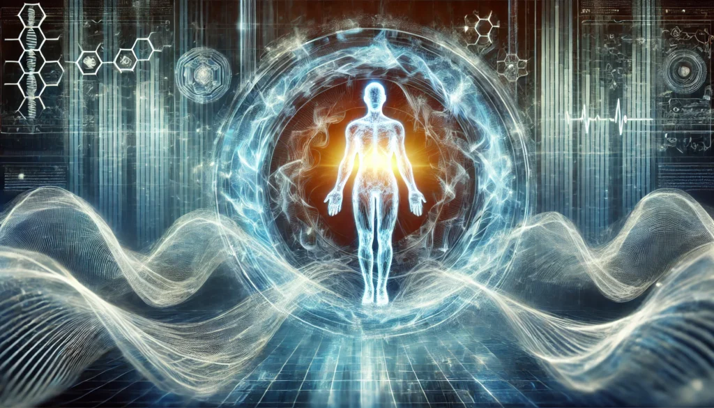 A futuristic depiction of human longevity and vitality, featuring a glowing energy silhouette of a person surrounded by dynamic waves of light. The background is an abstract, high-tech environment symbolizing health, wellness, and advanced medical science.
