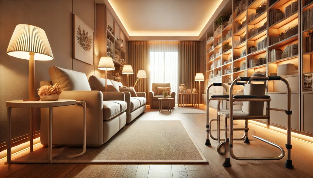 A well-lit, elderly-friendly living room with sturdy furniture, grab bars, and a clutter-free walking path, creating a safe and comfortable environment for seniors.
