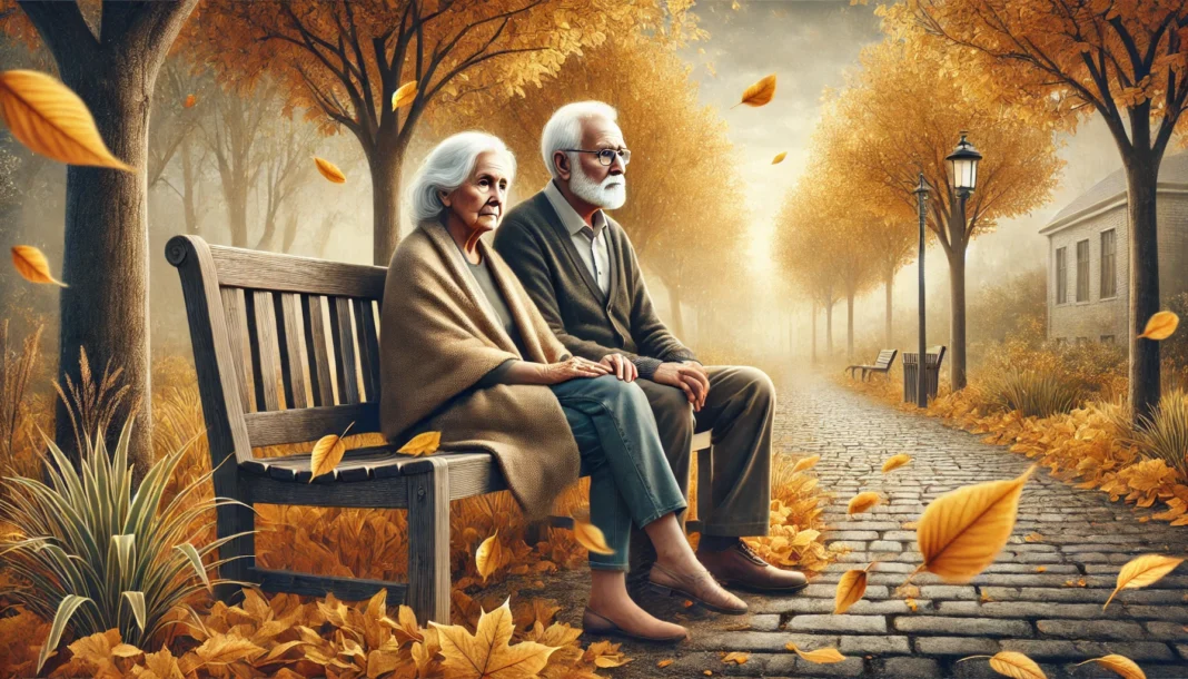 An elderly couple sitting on a park bench during autumn, surrounded by falling leaves, reflecting on life and the passage of time.