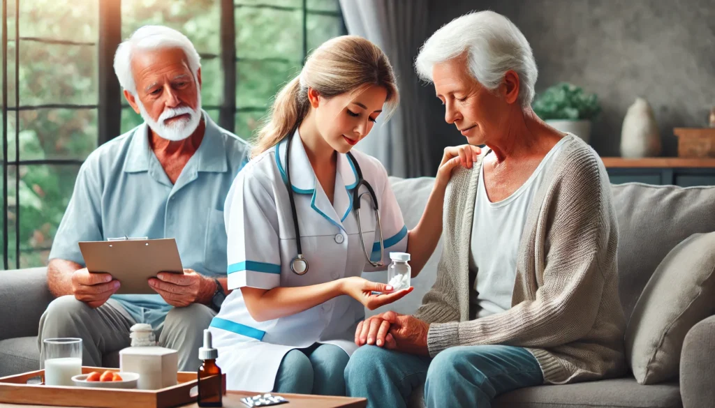 An elderly couple receives home healthcare from a professional nurse in a cozy living room, emphasizing personalized and accessible medical care for aging populations.