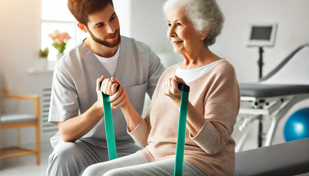 An elderly woman receives physical therapy with the assistance of a professional therapist in a modern rehabilitation center, focusing on senior healthcare and mobility support.