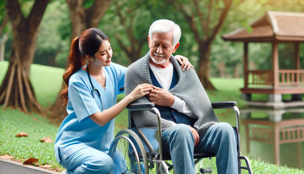 An elderly man in a wheelchair is assisted by a caring nurse in a peaceful outdoor park, representing compassionate senior healthcare and an improved quality of life for aging individuals.