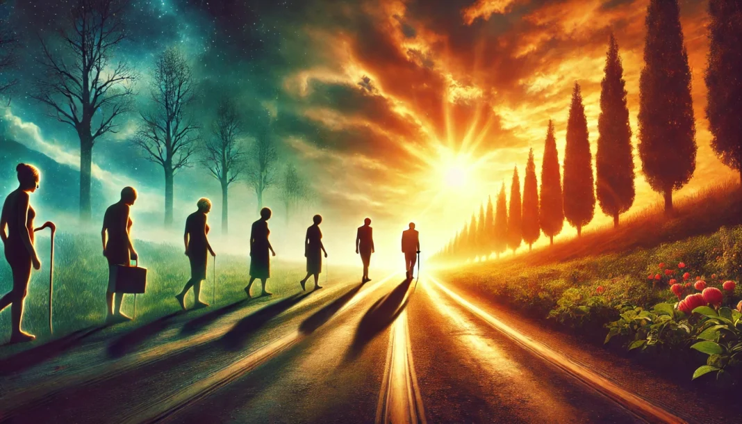 A symbolic image depicting the journey of life, showing a silhouette transitioning from youth to old age along a scenic path, with a dramatic sky symbolizing hope and longevity.