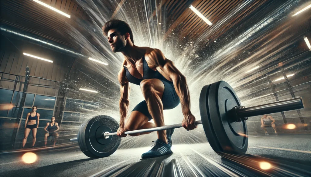 An elite sprinter performing power cleans with a barbell in a professional gym. The image highlights explosive strength and speed development, with focused intensity and dynamic motion.