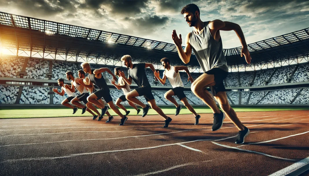 A group of distance runners performing interval sprints on a professional track, emphasizing speed and endurance training. The image captures the intensity and effort of runners in motion, with a stadium in the background.