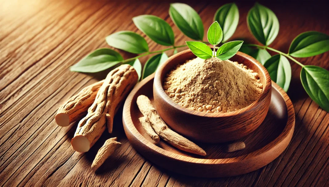 A close-up of ashwagandha root and powdered supplement in a wooden bowl, surrounded by green leaves on a rustic wooden surface, symbolizing herbal medicine