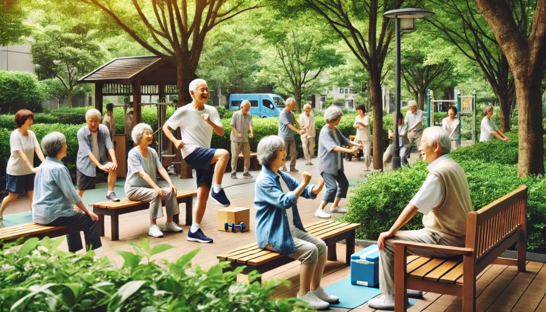 Seniors enjoying a lively day in the park, engaging in light exercises and social interactions in a peaceful, green outdoor setting.
