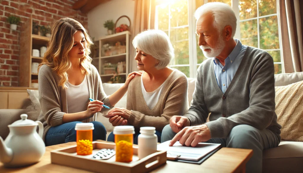 An elderly couple receiving home assistance from a compassionate caregiver in a cozy living room, receiving help with medication management and emotional support.
