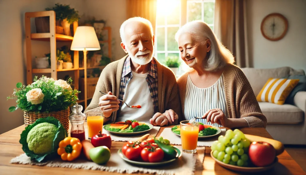 A happy elderly couple enjoying a nutritious meal together at a dining table, featuring fresh fruits, vegetables, and whole grains, illustrating the positive impact of food assistance programs like SNAP on senior health and well-being.