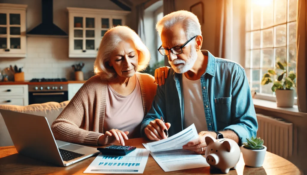 A senior couple reviewing financial documents at their kitchen table, with a calculator and a laptop open, symbolizing financial planning and budgeting for senior spending allowance and food assistance programs.