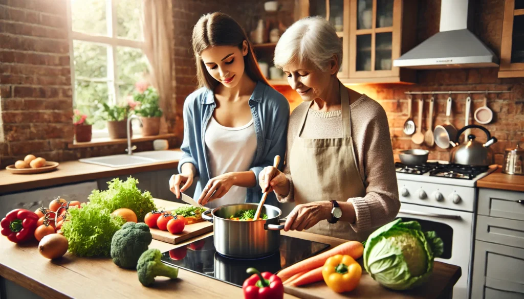 A bright and welcoming kitchen where an elderly parent and their adult child prepare a nutritious meal together. The caregiver assists as the elderly parent chops vegetables, emphasizing healthy eating and family bonding.