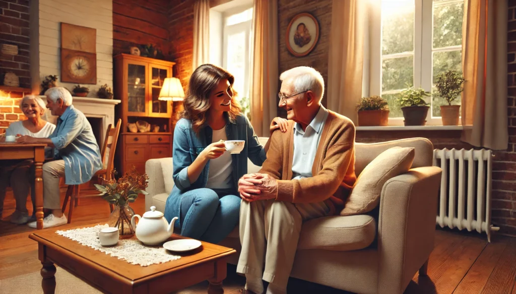 A peaceful home setting where an elderly parent and their adult child share a moment of laughter while drinking tea. The elderly parent sits comfortably in a well-lit living room, surrounded by warm decor, as the caregiver attentively listens. The scene reflects love, companionship, and the importance of emotional support in elderly care.