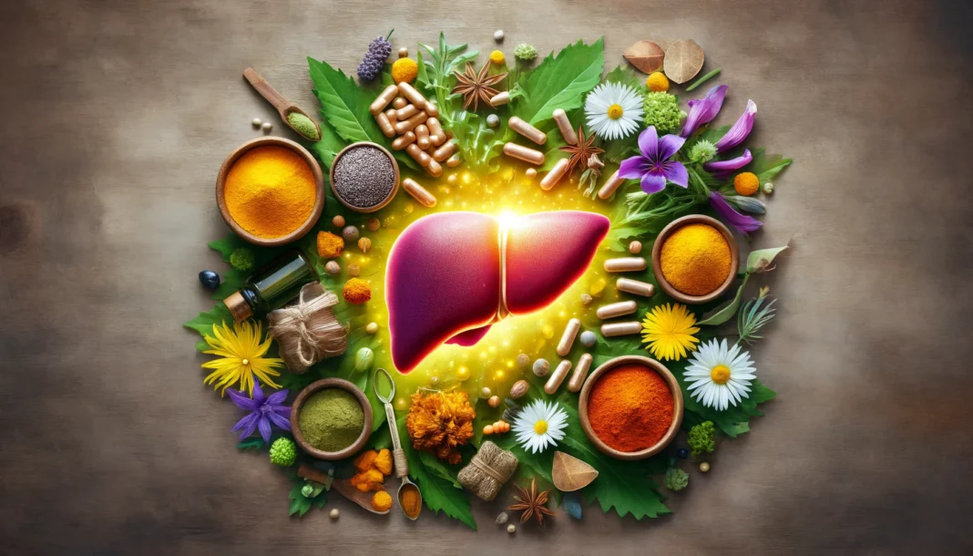 A vibrant composition of liver health supplements, including capsules, herbal extracts, and turmeric powder, surrounding a glowing liver illustration, symbolizing detoxification and liver repair.
