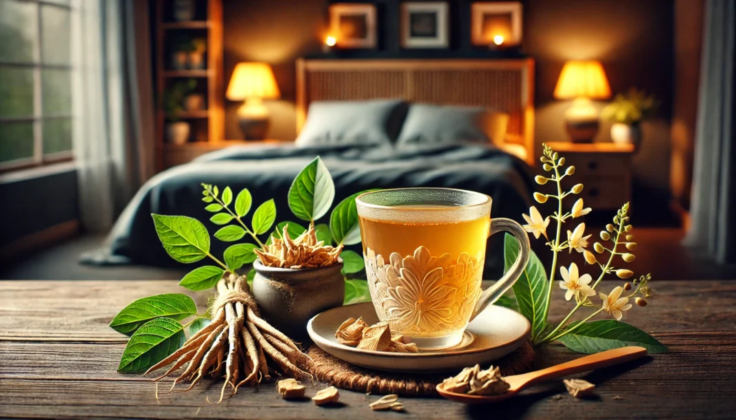 A serene nighttime setting featuring a cup of herbal tea made from Ashwagandha, surrounded by fresh Ashwagandha roots and leaves. The cozy bedroom background with dim lighting enhances relaxation and sleep quality.