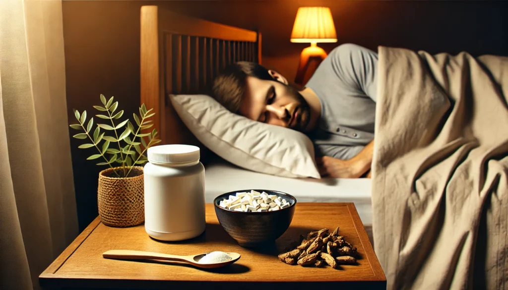 A peaceful bedroom scene where a person is sleeping soundly, with a bedside table holding a small bowl of Magnesium supplements and Ashwagandha roots. The warm, dim lighting creates a calming sleep environment.
