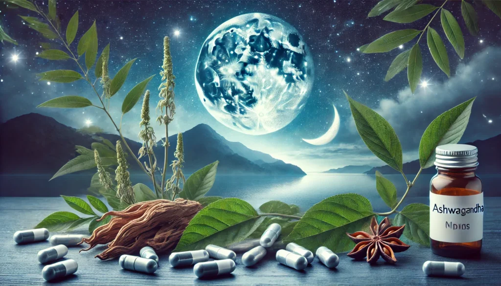 A tranquil night sky with a crescent moon and twinkling stars, artistically blended with natural elements like Ashwagandha roots, green leaves, and scattered Magnesium capsules, evoking a dreamlike atmosphere.