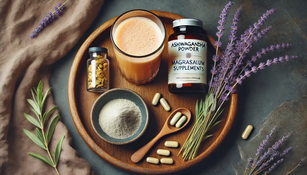 A wellness-inspired flat lay featuring a wooden tray with Ashwagandha powder, Magnesium supplements, a calming herbal drink, and a soft lavender sprig, all set against a soothing dark-toned background for a relaxing aesthetic