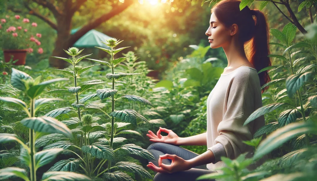 A serene woman meditating in a lush garden with Ashwagandha plants, symbolizing relaxation and mental wellness.