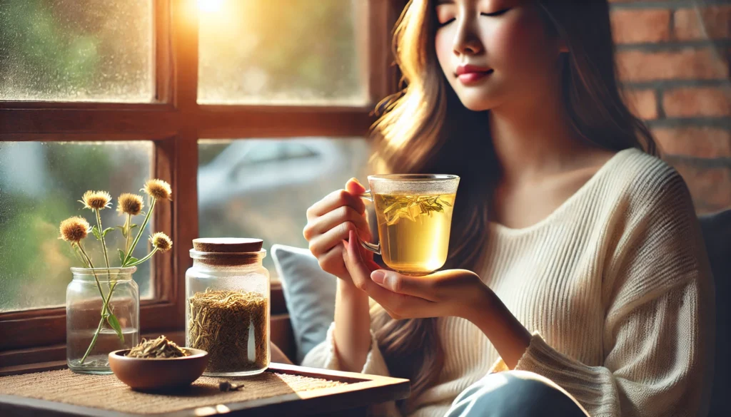 A woman peacefully sipping herbal tea infused with Ashwagandha, enjoying a calming atmosphere.