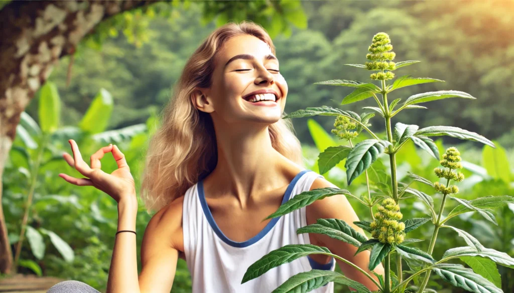 A joyful woman practicing yoga in nature with a peaceful expression, surrounded by Ashwagandha plants.