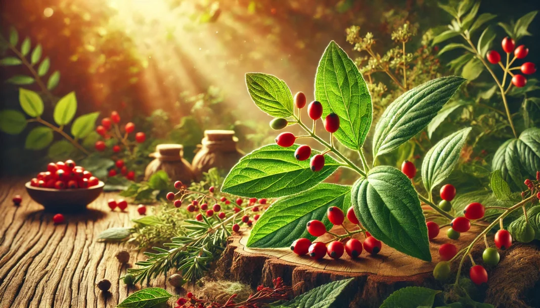 A natural scene featuring the Ashwagandha plant (Withania somnifera) with vibrant green leaves and red berries, set against a soft-focus background of medicinal herbs. The image conveys a sense of natural healing and wellness