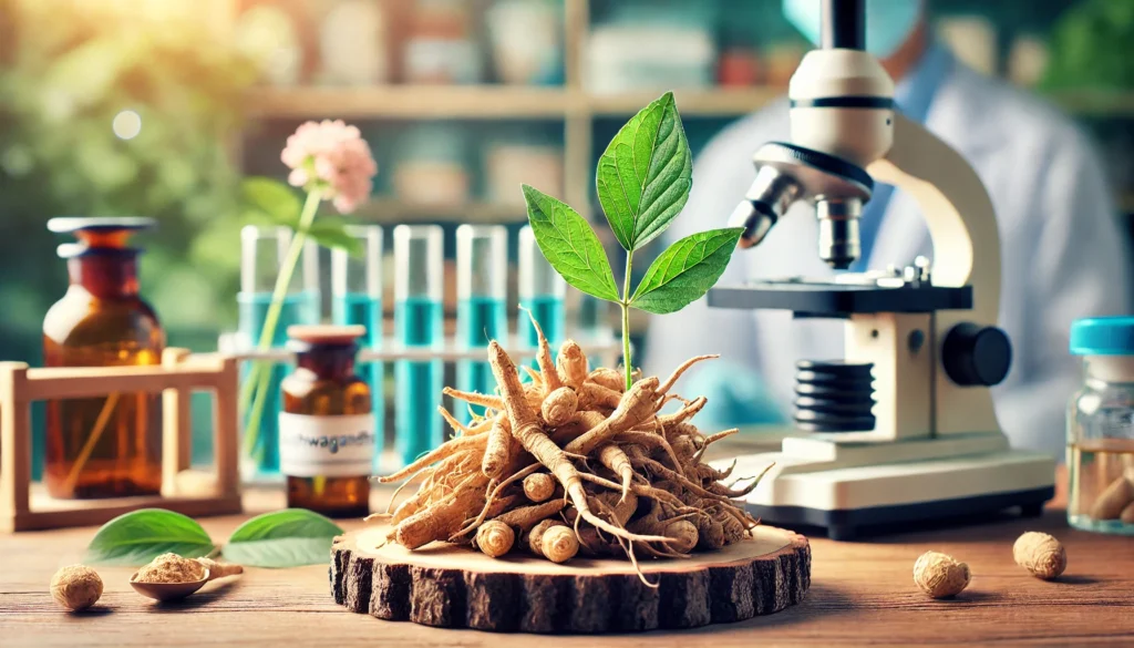 A close-up of fresh Ashwagandha roots and leaves on a wooden surface, with a blurred laboratory in the background, illustrating the scientific research behind its mental health benefits.