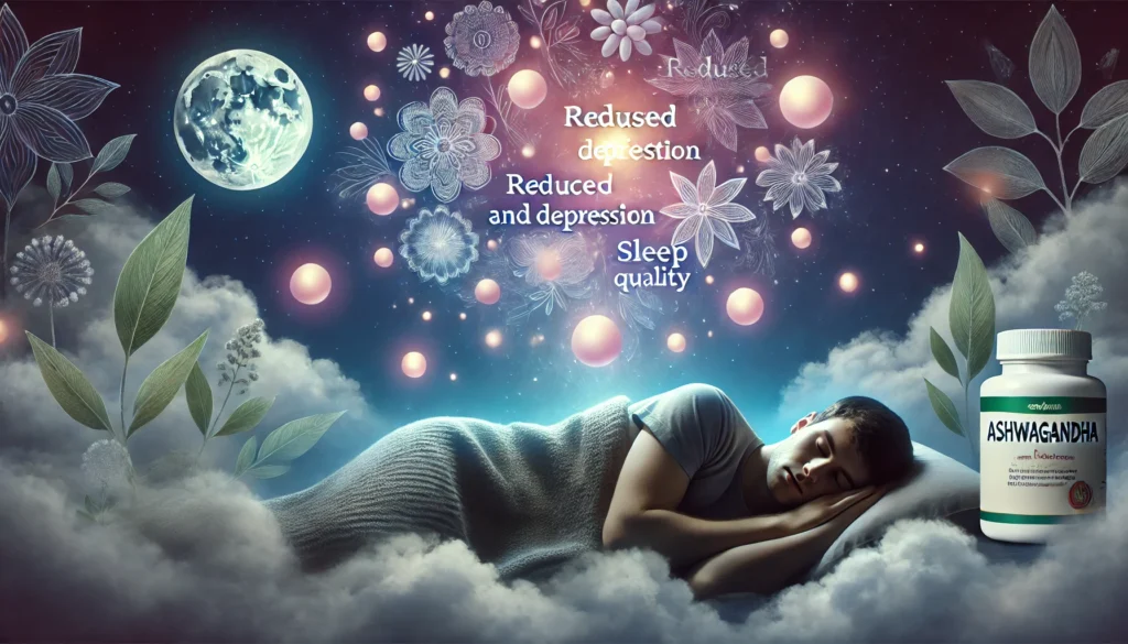 A peaceful nighttime scene of a person sleeping soundly, enveloped in a dreamlike atmosphere with floating clouds and glowing orbs, symbolizing Ashwagandha’s benefits for anxiety relief, depression support, and improved sleep quality.